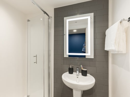 A bathroom with a white sink and a mirror above it.