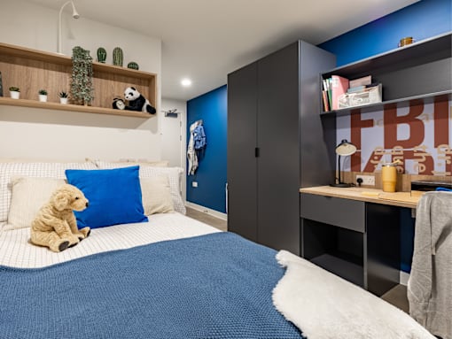 A bedroom with a bed, a desk, and a shelf with cacti and a stuffed panda bear.