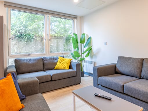 A living room with grey couches and a large window.