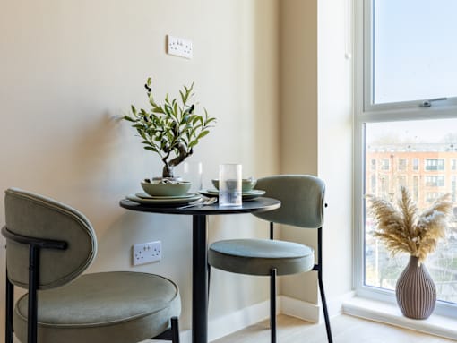 A dining table with two chairs and a potted plant on it.