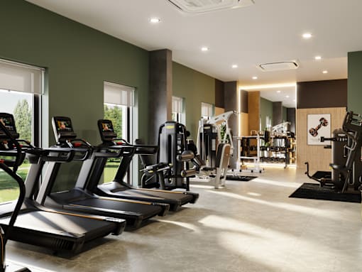 A gym with treadmills, weights, and exercise equipment.