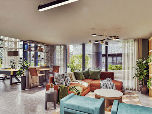 A modern living room with a large window and a variety of furniture.