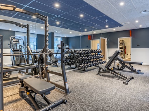 A gym with a variety of equipment including weights and weight machines.