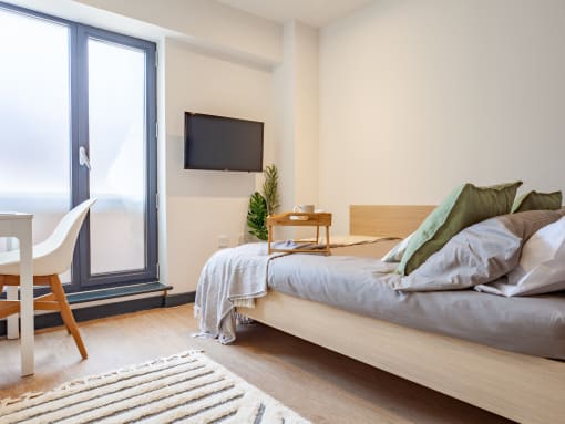 a bedroom with a bed and a window    and a television