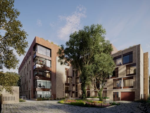 A modern apartment complex with a courtyard and trees.