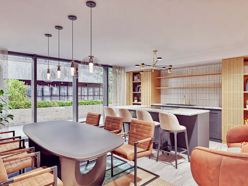 A modern dining room with a large table and chairs.