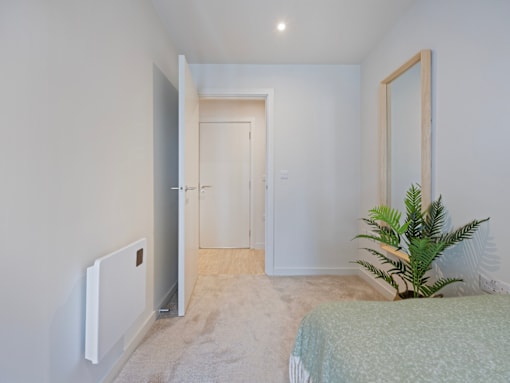 A bedroom with a bed, a mirror, and a plant.