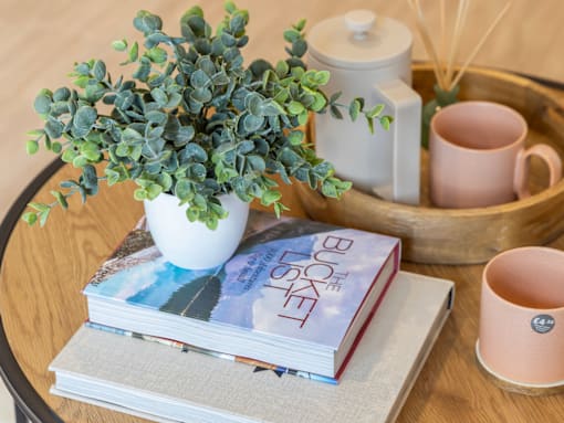 A potted plant sits on a stack of magazines with a book titled "The Bucket List" on top.
