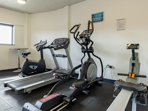A gym with treadmills, elliptical machines, and other exercise equipment.