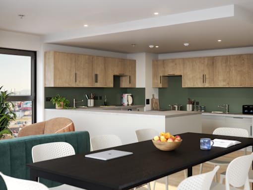 A modern kitchen with a dining table set for four.