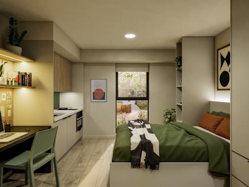 A modern bedroom with a bed, desk, and chair.