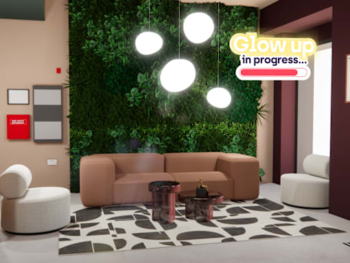 A living room with a green wall and a sign that says "Glow up in progress...".