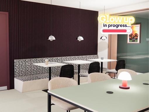 A cafe with a sign that says Glow up in progress.