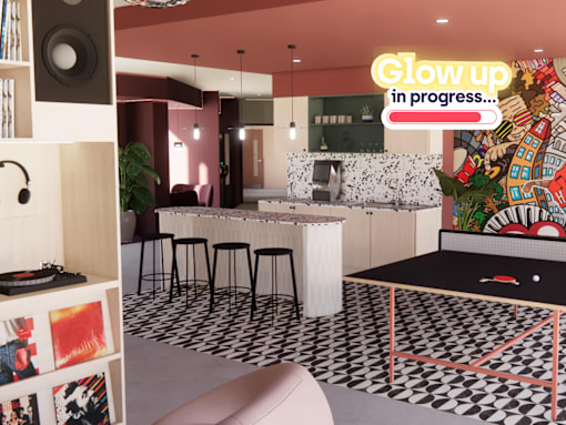 A room with a neon sign that says "Glow up in progress..." is shown.