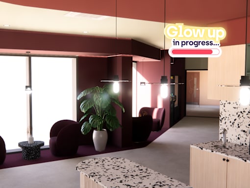 A neon sign that says "Glow up in progress..." hangs over a room with a large window, a potted plant, and a bench with a speckled surface.