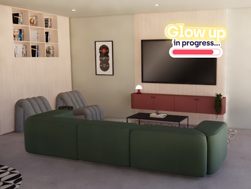 A living room with a green sofa and a neon sign that says "Glow up in progress...".