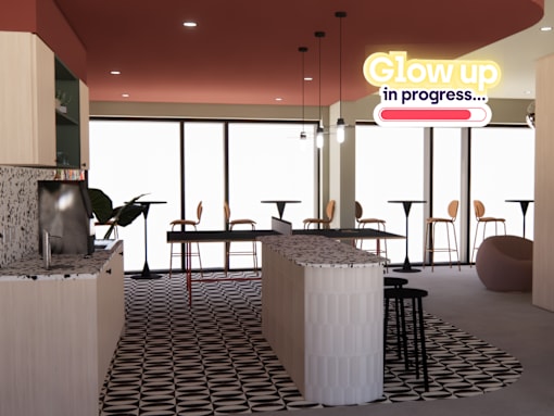 A room with a black and white checkered floor and a neon sign that says "Glow up in progress...".