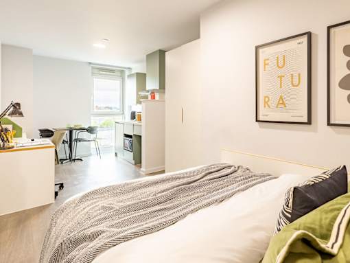 A bedroom with a bed, desk, and two framed pictures on the wall.