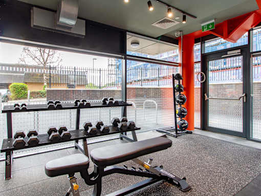 An on-site gym with a bench and dumbells