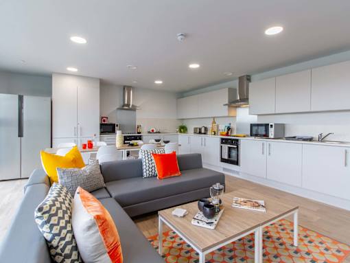 Shared flat kitchen, with cooking appliances and plenty of cupboard space, a large sofa and coffee table.