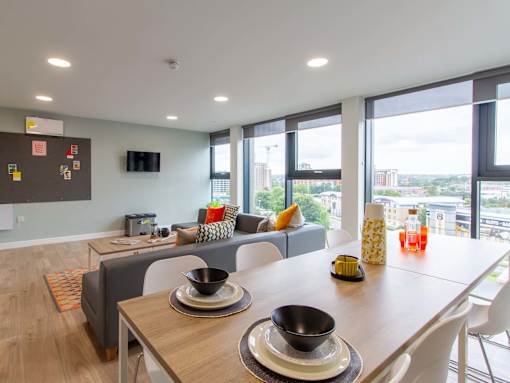 Shared flat kitchen, with wall-mounted television, large sofa and dining table with chairs, decorated with plates and bowls.