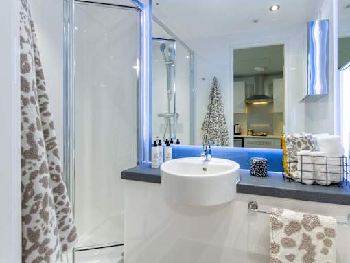 En-suite bathroom with large mirror, shower and sink.