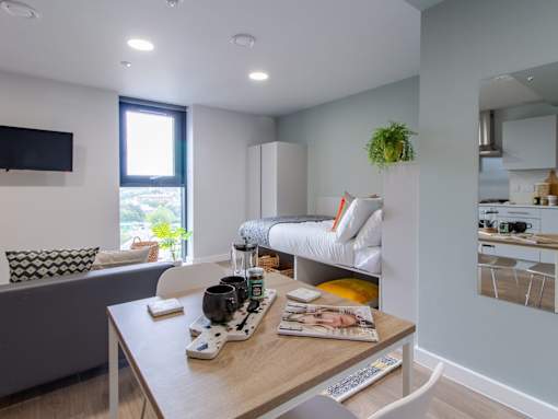 View of bedroom from the dining table.