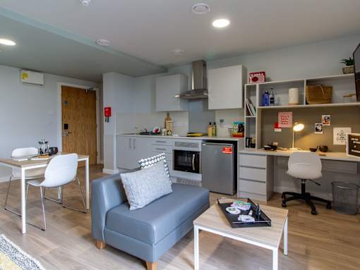 Grey couch in bedroom with a coffee table, kitchenette and desk.