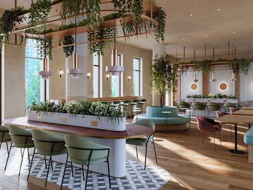 A modern dining area with a long table and chairs.