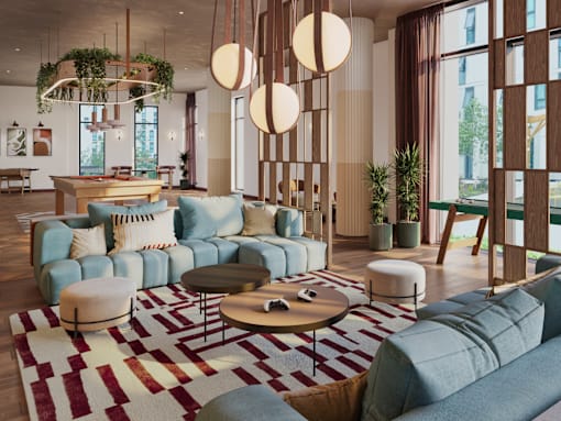 A modern living room with a large sectional sofa, a coffee table, and a rug.