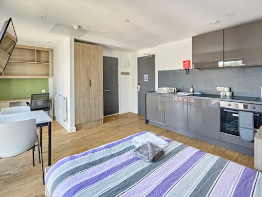 A modern kitchen with a striped rug on the floor.