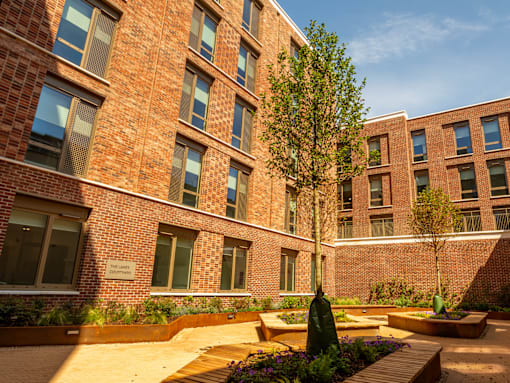 A courtyard with a tree and a bench in front of a brick building.