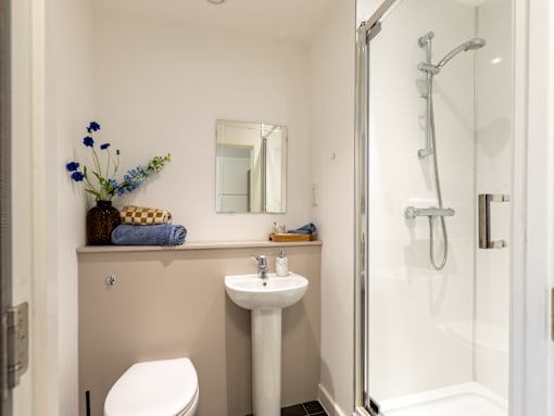 A small bathroom with a toilet, sink, and shower.