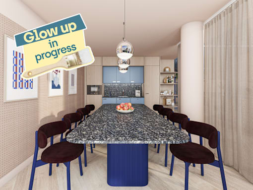 A dining room with a table and chairs and a sign that says "Glow up in progress".