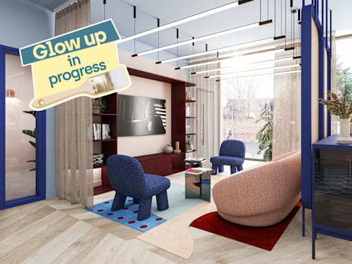 A modern living room with a blue chair and a red rug.