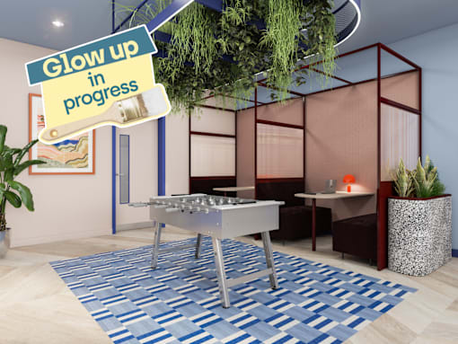 A room with a pool table and a sign that says "Glow up in progress".