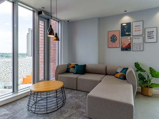 A living room with a grey couch, a round table and a potted plant.