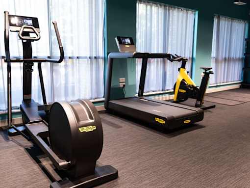 A gym with a treadmill, elliptical trainer and a stationary bike.