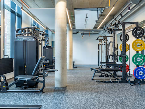 A gym with a variety of equipment including weights and a treadmill.