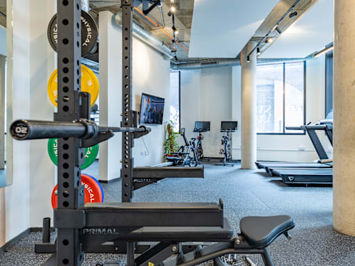 A gym with a weight rack, a bench, and a treadmill.