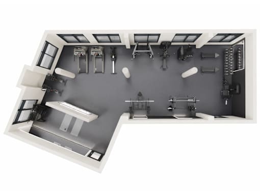 A top-down view of a modern kitchen with a central island and various appliances.