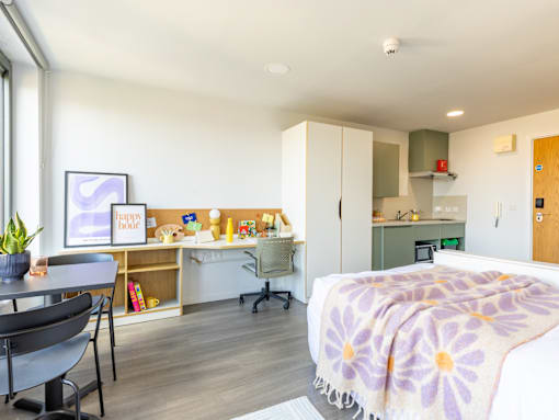 A bedroom with a bed, desk, and chair.