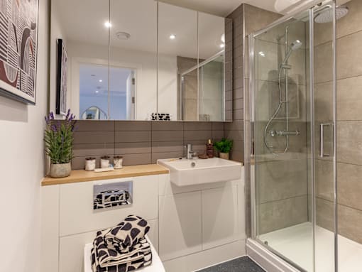 Modern bathroom with mirrored cabinets, sink, toilet and glass door shower.