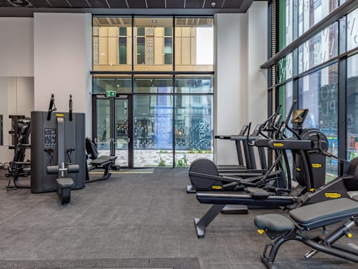 A gym with weight equipment.