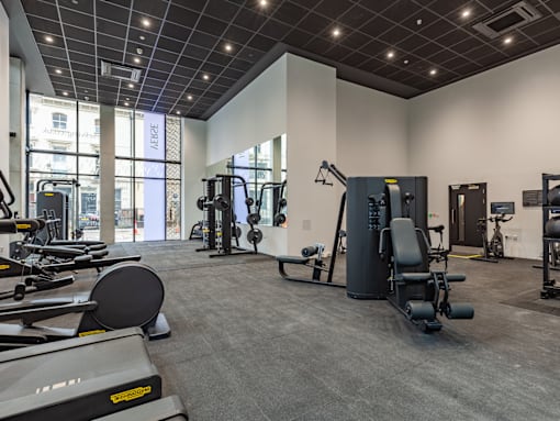 A gym with weight equipment.