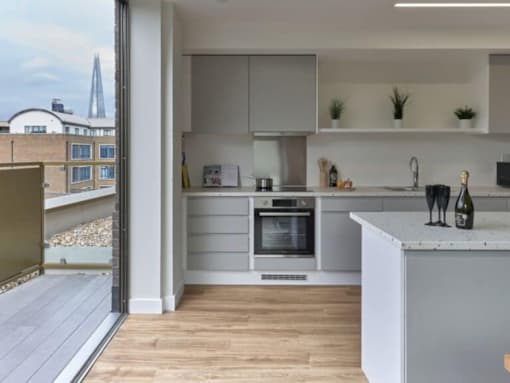 A modern kitchen with a view of the city.