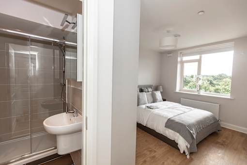 a bedroom with a bed and a bathroom with a shower