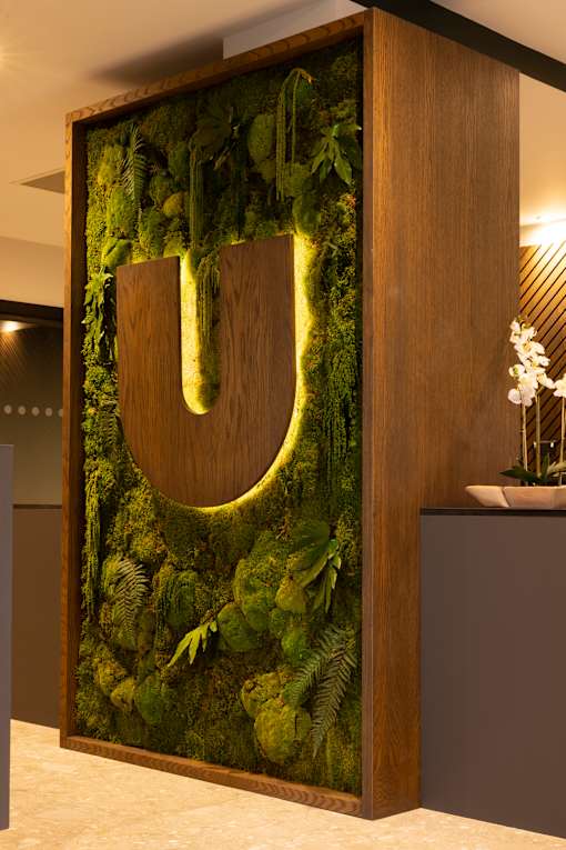 a living wall with moss on it in a lobby