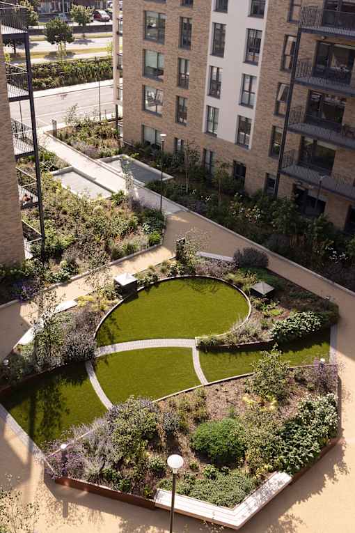 an aerial view of a yard with a pond and buildings
