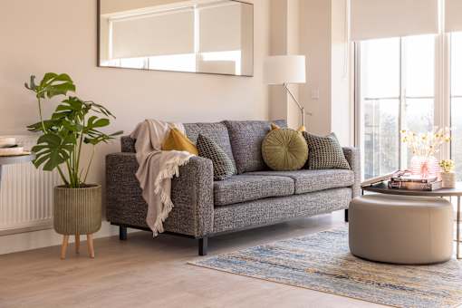 a living room with a gray couch and a rug